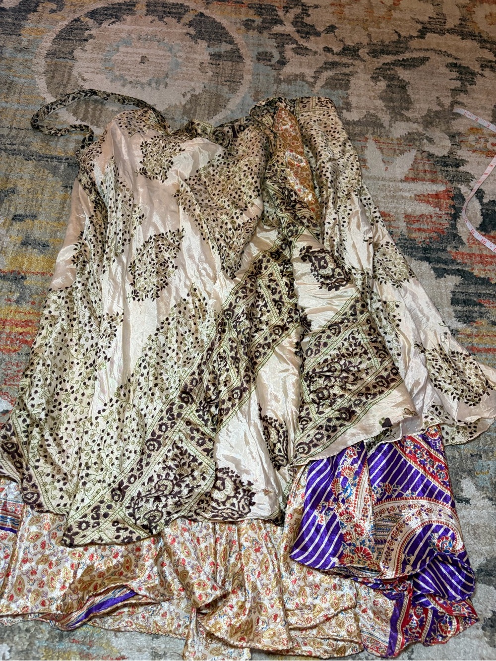 bohemian-style recycled sari silk wrap skirt featuring mixed patchwork patterns